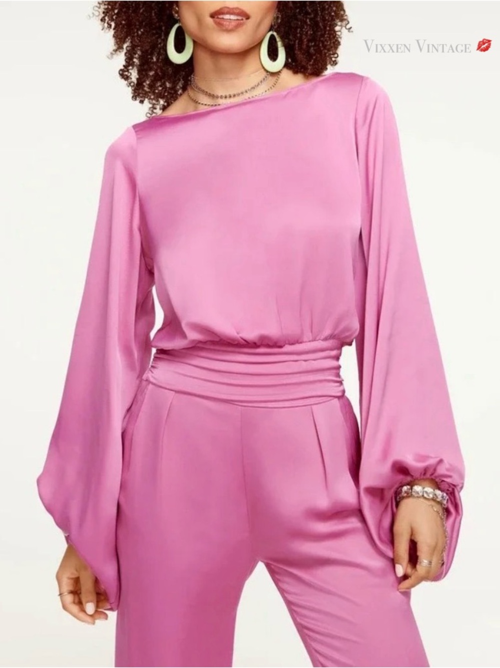 RAMY BROOK 2022 SATIN CHARMEUSE BALLOON 'VIVIAN LONG SLEEVE TOP' IN GALA PINK